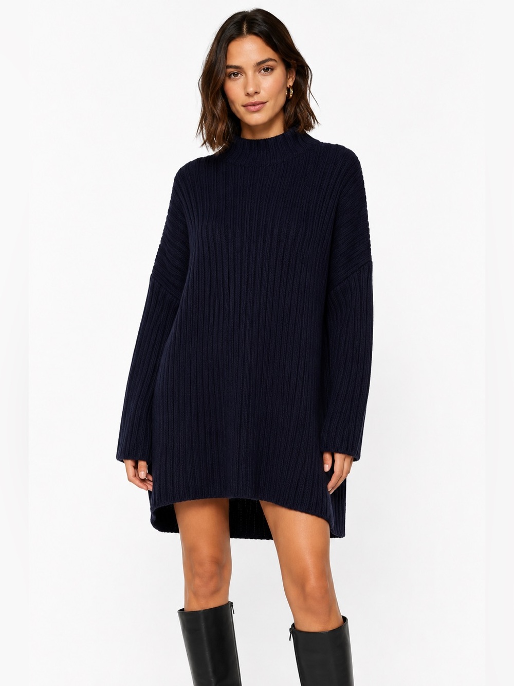 🤩STAUD Linear Navy Wool Ribbed Sweater Mini Dress NWT🤩